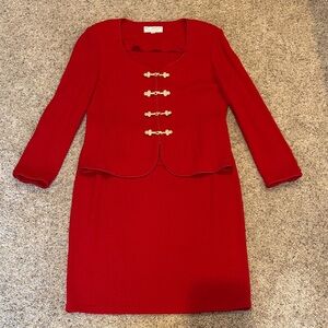 St. John Red Knit Two-Piece Dress Set with Gold Accents